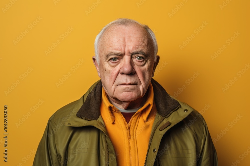 Portrait of an elderly man in a jacket on a yellow background Portrait of an elderly man in a jacket on a yellow background