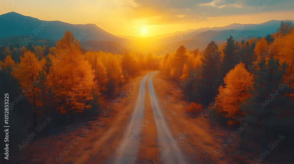 Top drone view of road in woods. Beautiful landscape with roadway in hills, pine trees, meadows, golden sunlight in fall. Travel Top drone view of road in woods. Beautiful landscape with roadway in hills, pine trees, meadows, golden sunlight in fall. Travel