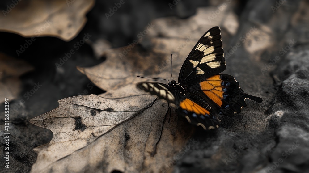 Black and Orange Butterfly on Dry Leaves Black and Orange Butterfly on Dry Leaves