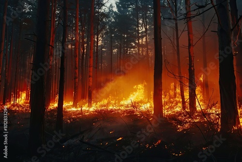 Intense forest fire with trees engulfed in flames and glowing sparks flying in the air.