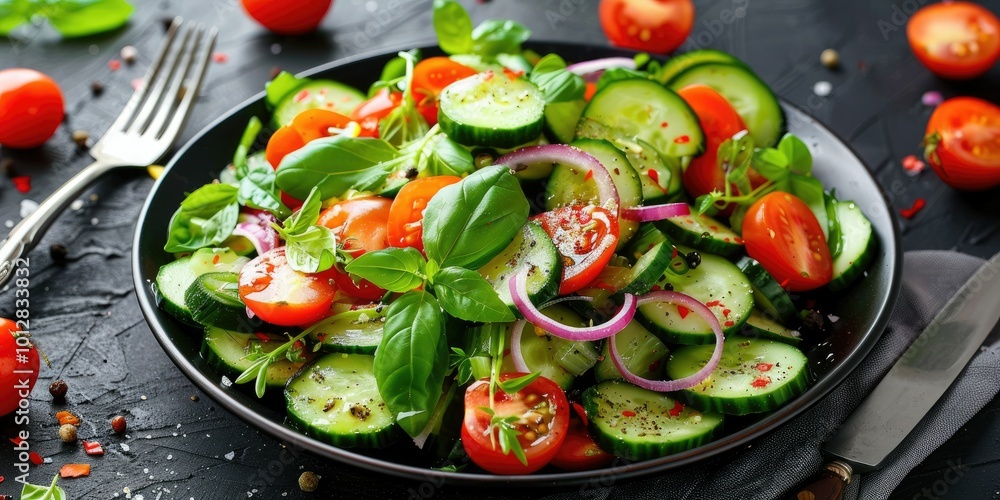 A colorful plate of fresh salad with cherry tomatoes, cucumbers, red onions, and basil leaves. A colorful plate of fresh salad with cherry tomatoes, cucumbers, red onions, and basil leaves.