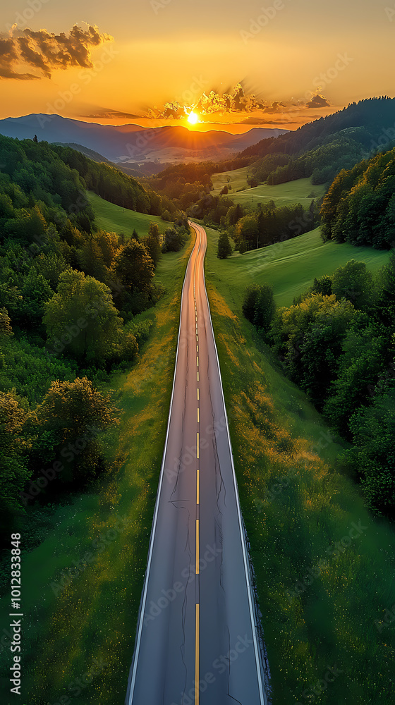 Fototapeta premium Top drone view of road in woods. Beautiful landscape with roadway in hills, pine trees, meadows, golden sunlight in fall. Travel