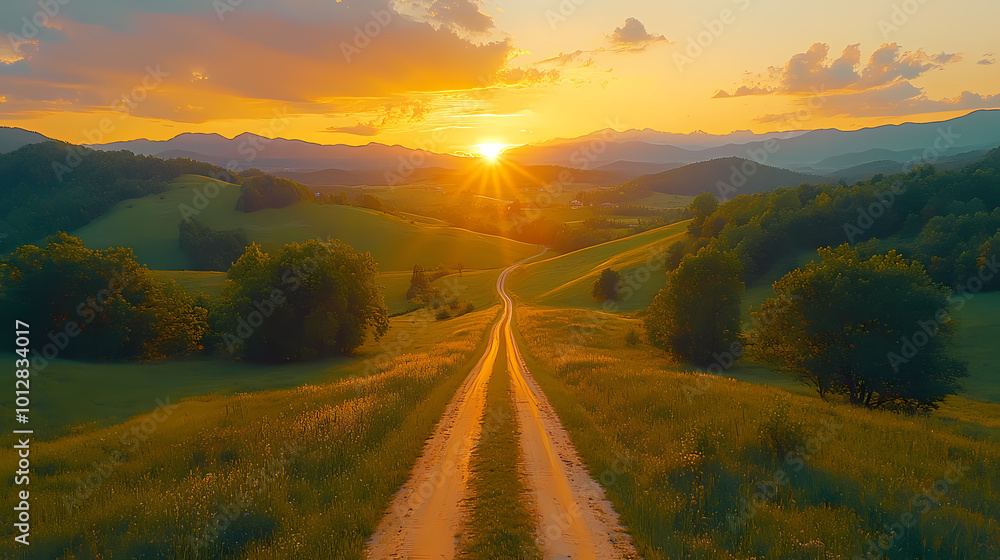 Top drone view of road in woods. Beautiful landscape with roadway in hills, pine trees, meadows, golden sunlight in fall. Travel Top drone view of road in woods. Beautiful landscape with roadway in hills, pine trees, meadows, golden sunlight in fall. Travel