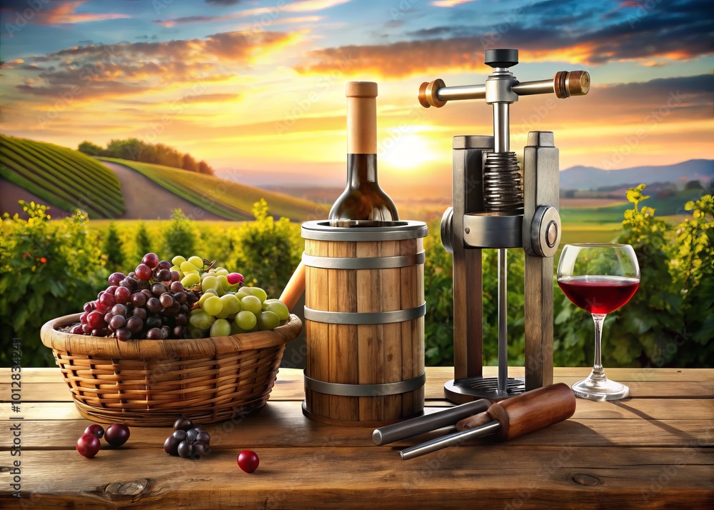 Obraz premium Winemaking Tools: Corkscrew, Crusher, Destemmer for Juice Production in Vineyard and Winery Settings