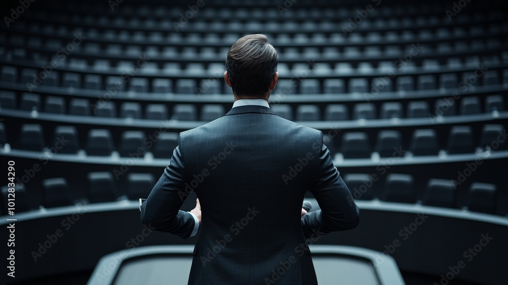Businessman standing in an empty auditorium, preparing for a presentation. Businessman standing in an empty auditorium, preparing for a presentation.