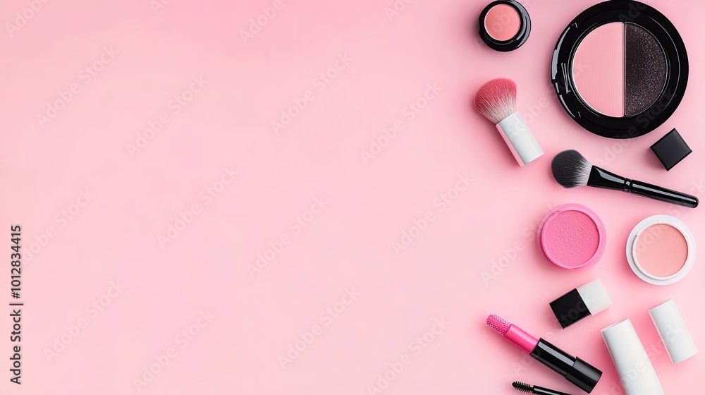 A flat lay of various makeup products on a pink background, showcasing beauty essentials for cosmetics application. A flat lay of various makeup products on a pink background, showcasing beauty essentials for cosmetics application.