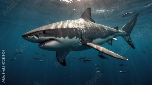 Great white shark swimming underwater in the ocean, captured mid-swim