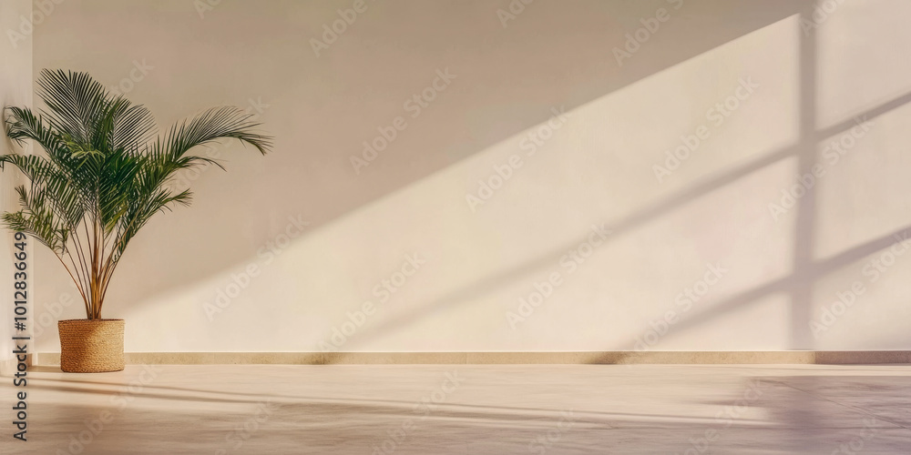 Sunlit indoor space featuring a potted palm and long shadows across a minimalist wall Sunlit indoor space featuring a potted palm and long shadows across a minimalist wall