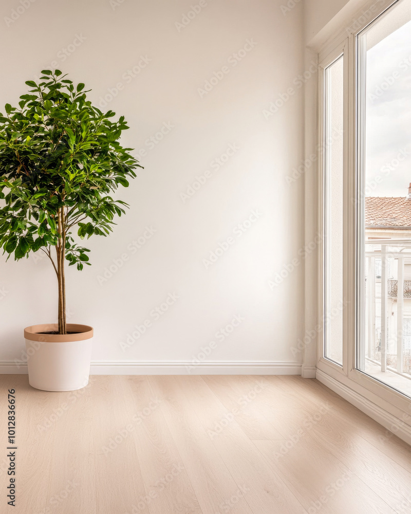A spacious room with a potted plant next to a sunny balcony overlooking a serene view A spacious room with a potted plant next to a sunny balcony overlooking a serene view
