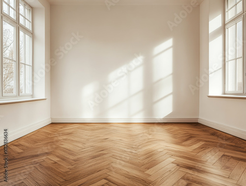 Wallpaper Mural Bright and empty room with wooden herringbone flooring and sunlight streaming through windows Torontodigital.ca