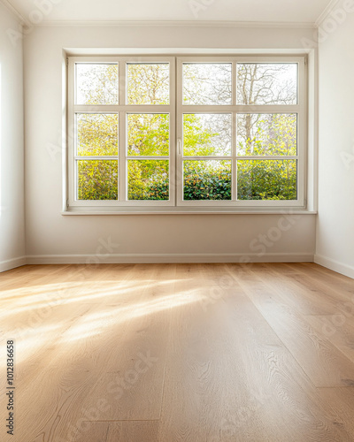 Bright and airy room with a large window overlooking a lush green garden during daytime