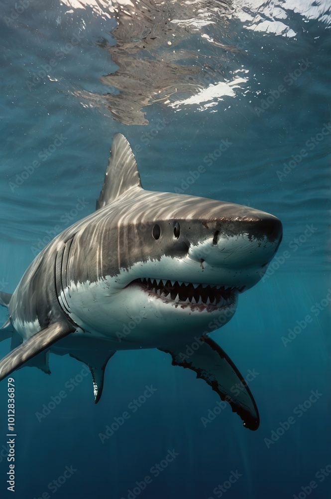 Fototapeta premium Shark swimming underwater in the ocean, focused on the marine environment