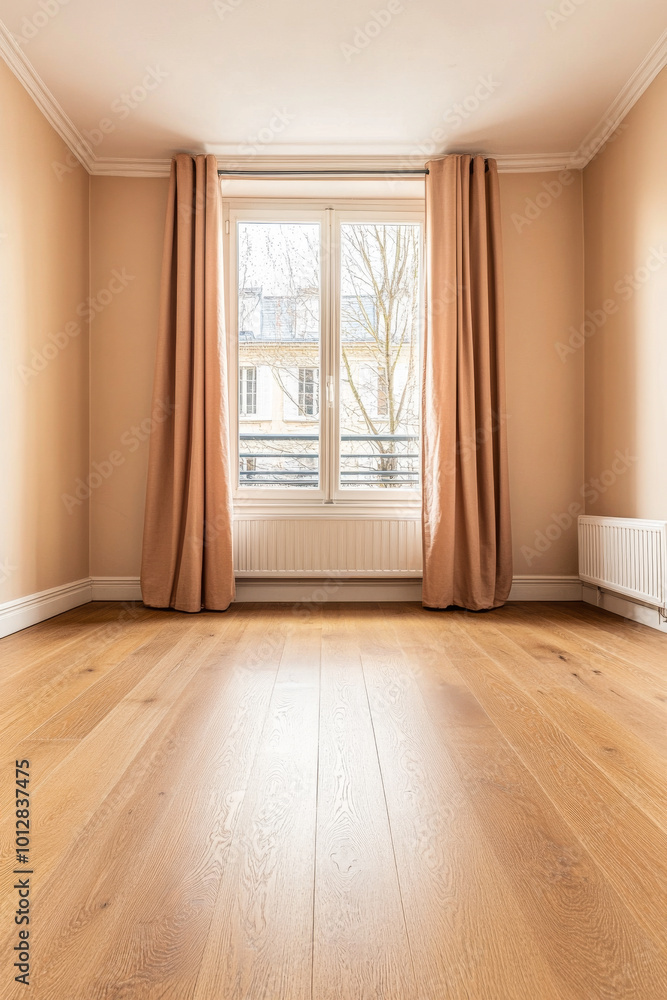 Bright and airy empty room with wooden floor and large window, featuring soft curtains Bright and airy empty room with wooden floor and large window, featuring soft curtains