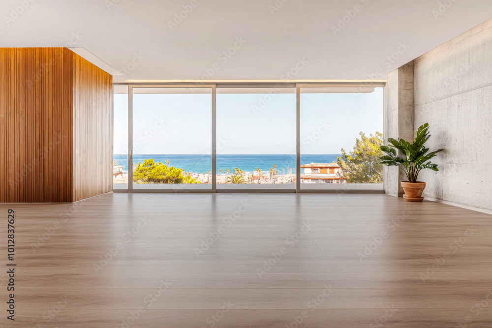 Modern interior design featuring a spacious room with a scenic ocean view in bright daylight Modern interior design featuring a spacious room with a scenic ocean view in bright daylight