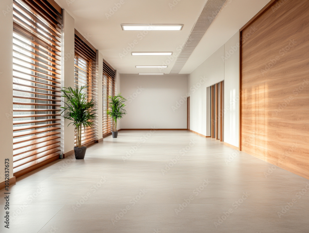 Fototapeta premium Modern empty office space with wooden accents and natural light from large windows