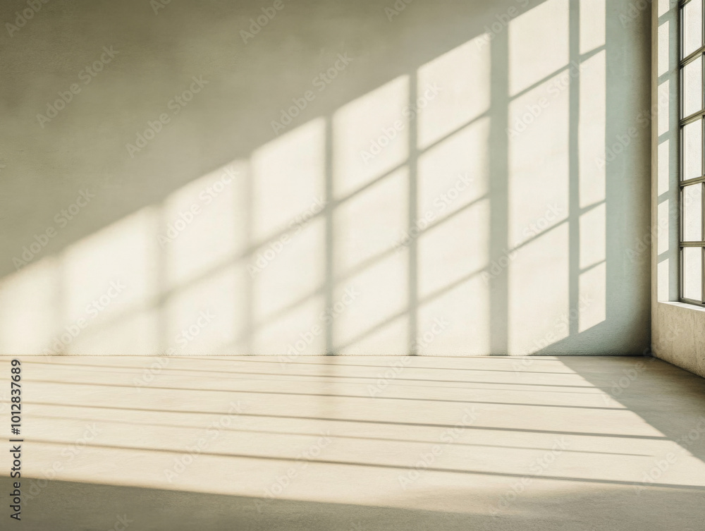 Obraz premium Soft sunlight casting geometric shadows in a serene minimalist room during midday