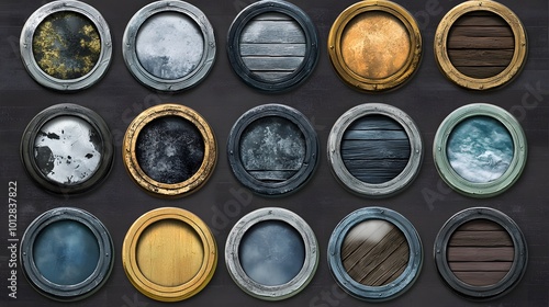 A set of round UI game frames with various textures, including silver, gold, metal, snow, wood, and stone materials photo