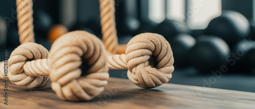 Close-up of gym rope with knots, fitness gym background, focus on equipment. photo