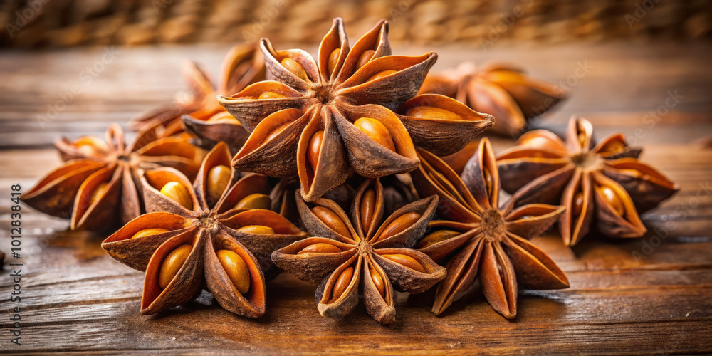 Star anise is unique spice known for its star shaped pods and aromatic flavor. This showcases rich brown color and intricate details of spice, perfect for culinary use or decoration Star anise is unique spice known for its star shaped pods and aromatic flavor. This showcases rich brown color and intricate details of spice, perfect for culinary use or decoration