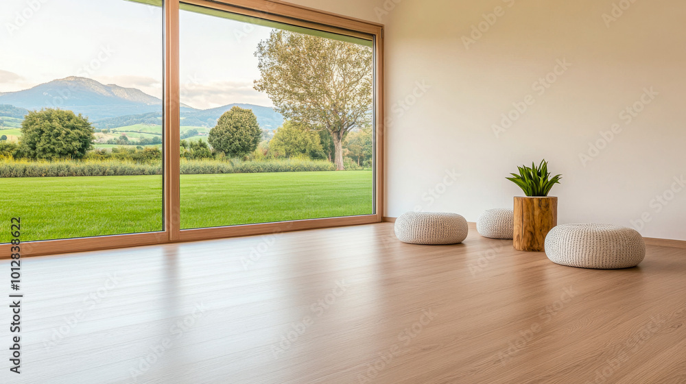 Fototapeta premium Cozy interior space overlooking a serene landscape with mountains and greenery in daylight