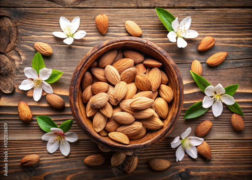 Almonds in wooden bowl surrounded by fresh flowers and leaves create serene and natural setting. combination of textures and colors evokes sense of tranquility and health