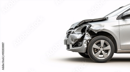 Damaged silver car after a collision on a white background
