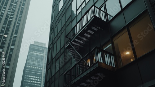 Foggy Urban Scene with Modern Architecture and Exit Stairs