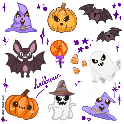 Adorable Halloween Cartoon Illustration – Featuring Bats, Ghosts, Pumpkins, and Witch Hat for Halloween Designs, Banners, Invitations, Posters, and Social Media Graphics – Fun and Cute Halloween Art photo