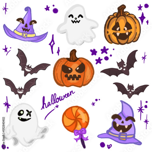 Adorable Halloween Cartoon Illustration – Featuring Bats, Ghosts, Pumpkins, and Witch Hat for Halloween Designs, Banners, Invitations, Posters, and Social Media Graphics – Fun and Cute Halloween Art photo