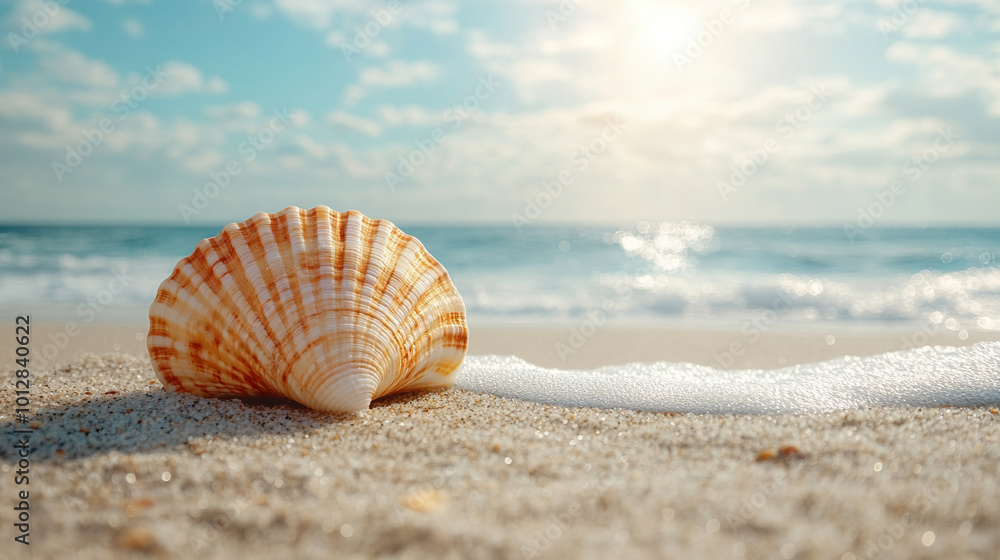 seashell lies on a tranquil beach with a vast, empty space surrounding it. The minimalistic scene symbolizes solitude, reflection, and the passage of time, inviting contemplation and peace