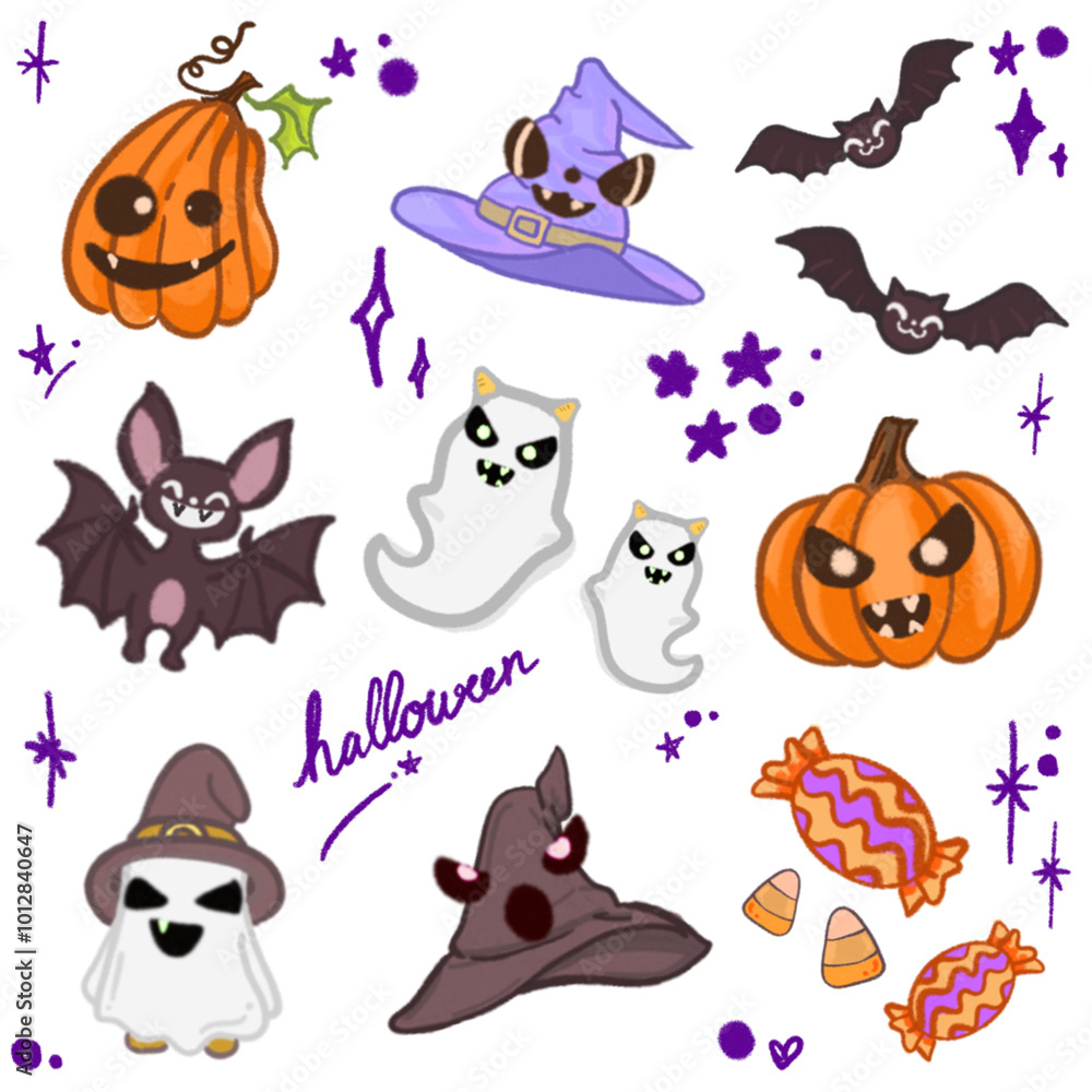Naklejka premium Adorable Halloween Cartoon Illustration – Featuring Bats, Ghosts, Pumpkins, and Witch Hat for Halloween Designs, Banners, Invitations, Posters, and Social Media Graphics – Fun and Cute Halloween Art