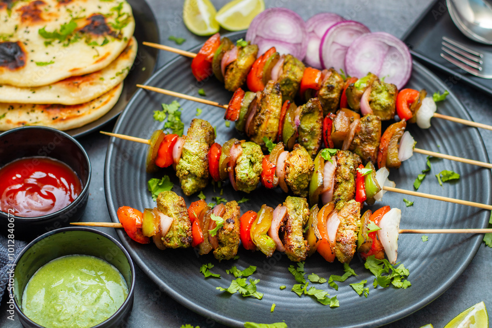 Selective focus of Succulent Hariyali Chicken Tikka Kabab, A Flavorful Blend of Herbs, Spices, and Grilled to Perfection Selective focus of Succulent Hariyali Chicken Tikka Kabab, A Flavorful Blend of Herbs, Spices, and Grilled to Perfection