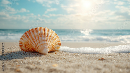 seashell lies on a tranquil beach with a vast, empty space surrounding it. The minimalistic scene symbolizes solitude, reflection, and the passage of time, inviting contemplation and peace