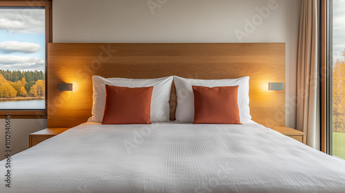 Fototapeta Naklejka Na Ścianę i Meble -  Cozy and modern hotel room with a lake view featuring a comfortable bed and warm decor