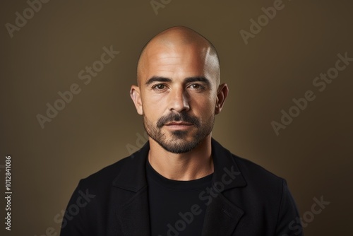 Portrait of a bald man with a beard in a black shirt