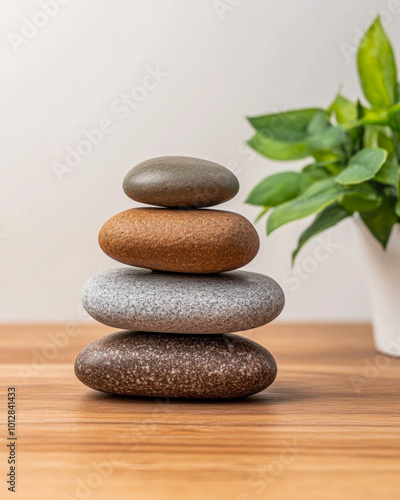 A stack of smooth, carefully arranged stones with a vibrant plant in soft natural light