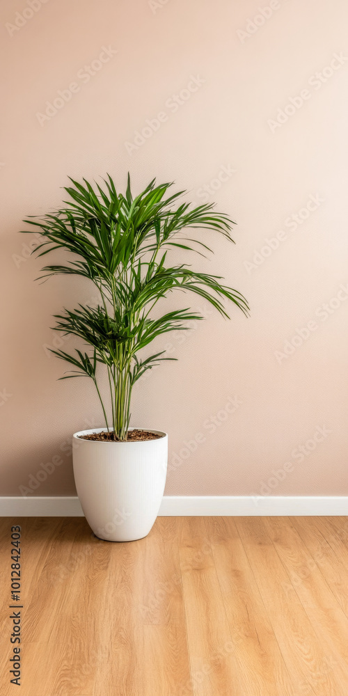A decorative indoor plant in a modern white pot against a soft pink wall in a well-lit room A decorative indoor plant in a modern white pot against a soft pink wall in a well-lit room