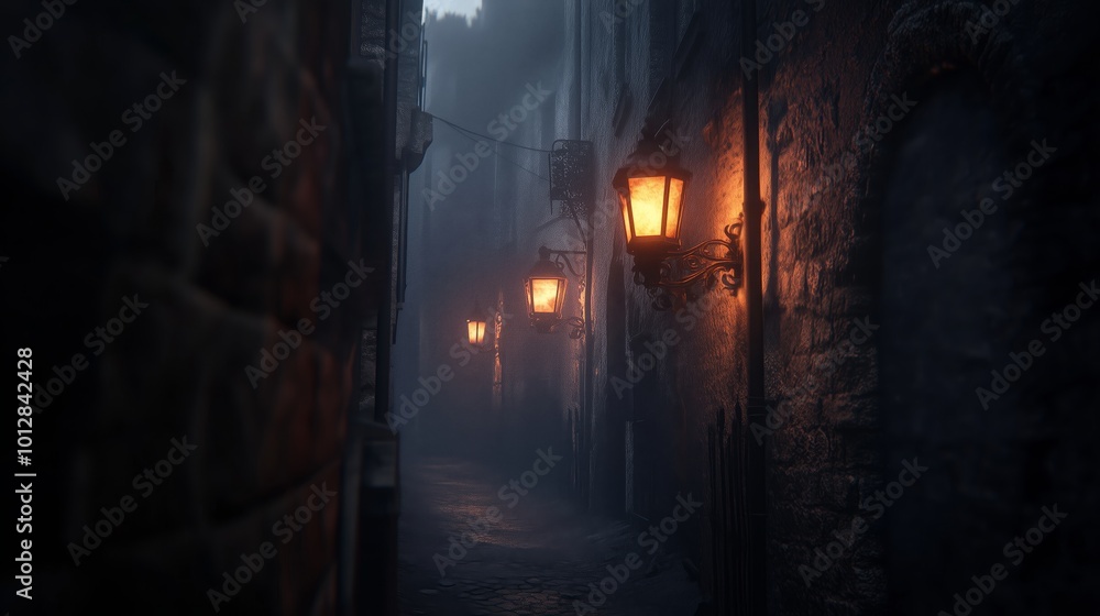 Creepy Foggy Lane with Flickering Lanterns - Made with Generative AI Creepy Foggy Lane with Flickering Lanterns - Made with Generative AI