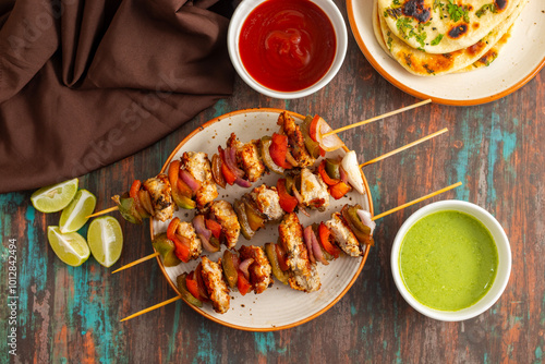 Chicken Reshmi Kabab is a succulent, marinated chicken dish, grilled to perfection, featuring a blend of spices, cream, and cashews. Selective focus. photo