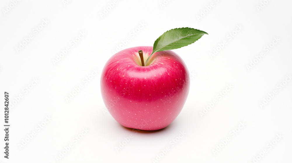 Minimalist high-definition image of a single pink apple with a green leaf on white background
Minimalist high-definition image of a single pink apple with a green leaf on white background