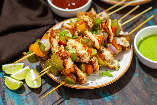 Chicken Reshmi Kabab is a succulent, marinated chicken dish, grilled to perfection, featuring a blend of spices, cream, and cashews. Selective focus.