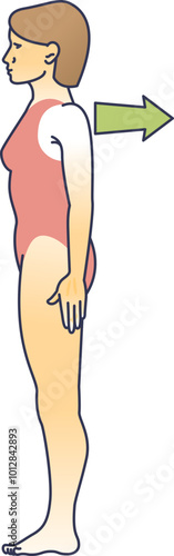 Illustration of a woman performing a backward shoulder rotation exercise.