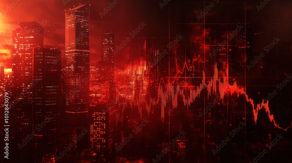 A futuristic cityscape with a red hue and declining graphs, suggesting economic turmoil. A futuristic cityscape with a red hue and declining graphs, suggesting economic turmoil.