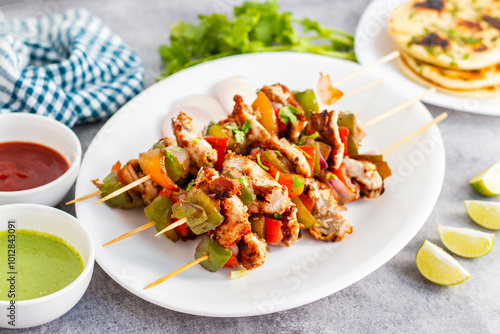 Chicken Reshmi Kabab is a succulent, marinated chicken dish, grilled to perfection, featuring a blend of spices, cream, and cashews. Selective focus. photo