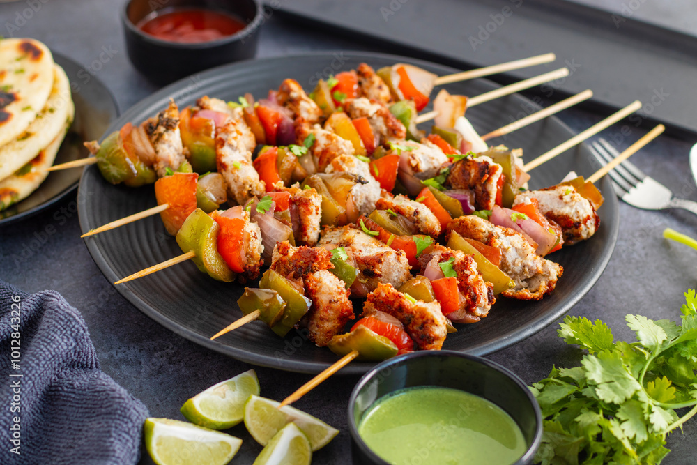 Chicken Reshmi Kabab is a succulent, marinated chicken dish, grilled to perfection, featuring a blend of spices, cream, and cashews. Selective focus. Chicken Reshmi Kabab is a succulent, marinated chicken dish, grilled to perfection, featuring a blend of spices, cream, and cashews. Selective focus.
