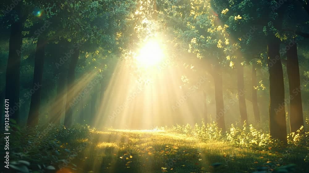 Lush Forest with Sun Rays Streaming Through Trees in Summer Lush Forest with Sun Rays Streaming Through Trees in Summer