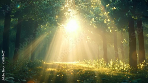 Lush Forest with Sun Rays Streaming Through Trees in Summer