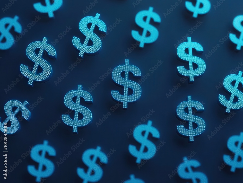 A glowing collection of dollar signs gently floating through social media icons, softly illuminated in a peaceful blue background, minimalistic, realistic, top view, room for capti A glowing collection of dollar signs gently floating through social media icons, softly illuminated in a peaceful blue background, minimalistic, realistic, top view, room for capti