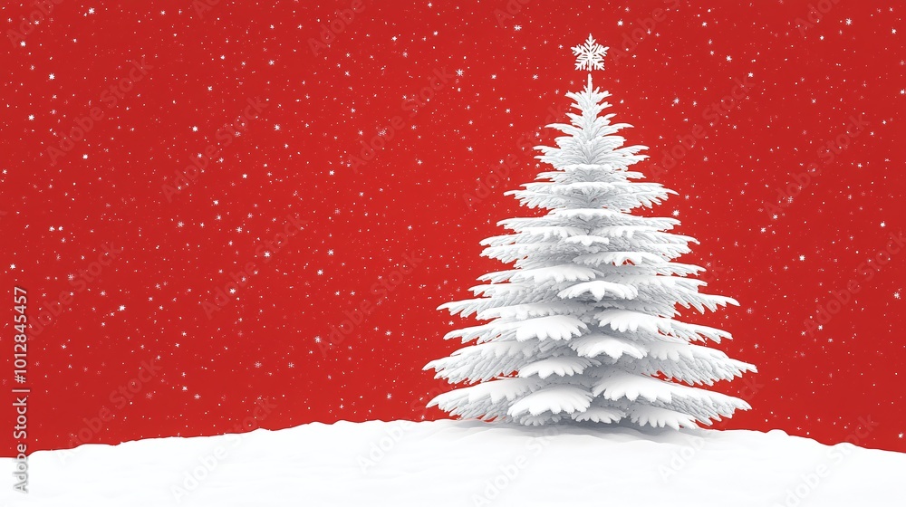 a christmas tree in the snow with a red background. a christmas tree in the snow with a red background.