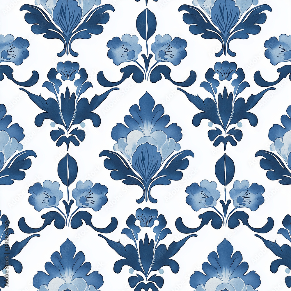 Create a seamless Iznik pattern featuring intricate floral motifs in blue and white, flowing continuously with elegant symmetry Create a seamless Iznik pattern featuring intricate floral motifs in blue and white, flowing continuously with elegant symmetry